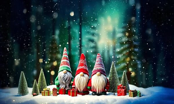 Trio de gnomes de No&euml;l avec lumi&egrave;res scintillantes et clignotantes, for&ecirc;t enneig&eacute;e festive, ambiance chaleureuse et joyeuse des f&ecirc;tes de fin d'ann&eacute;e.
