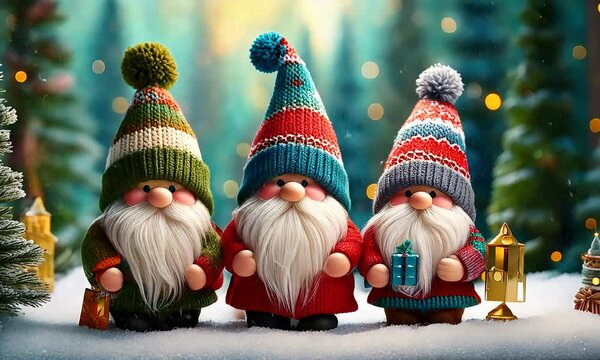 Trio de gnomes de No&euml;l avec lumi&egrave;res scintillantes et clignotantes, for&ecirc;t enneig&eacute;e festive, ambiance chaleureuse et joyeuse des f&ecirc;tes de fin d'ann&eacute;e.