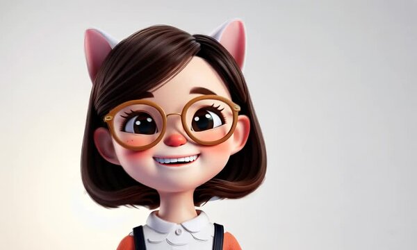 Personnage 3D enfantin avec lunettes, oreilles de chat et sourire expressif, style cartoon sur fond clair, avatar mignon utilis&eacute; dans des contenus anim&eacute;s o&ugrave; il s&rsquo;approche et se recule de la cam&eacute;ra