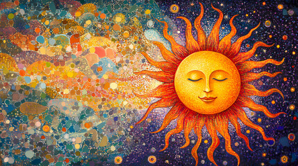 Pointillism painting of the sun on the summer solstice. Solstice. Illustration