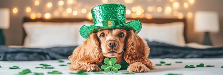 Cocker spaniel with green hat and shamrocks celebrating saint patrick's day. Happy St. Patrick's day.