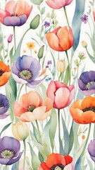Whimsical Watercolor Illustration of Vibrant Spring Garden with Colorful Flowers and Greenery on White Background