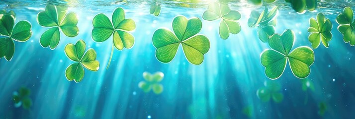 Floating clover leaves in sunlit water with sparkling light rays. Happy St. Patrick's Day. Saint Patrick