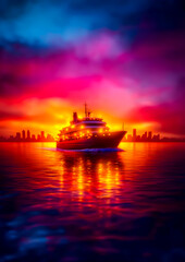 Obraz premium Majestic Cruise Ship at Sunset with Colorful Reflections in Water