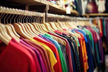 Colorful hangers arranging clothes in a fashion store.