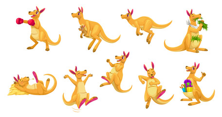 Cartoon funny kangaroo animal characters in different poses and activities like boxing, jumping, relaxing, carrying joeys, eating, and holding gifts. Vector set of funny personages for children book