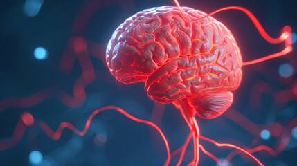 Obraz premium Digital illustration of a glowing human brain with neural connections 
