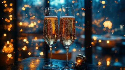 Two Glasses Of Sparkling Wine Festive Lights