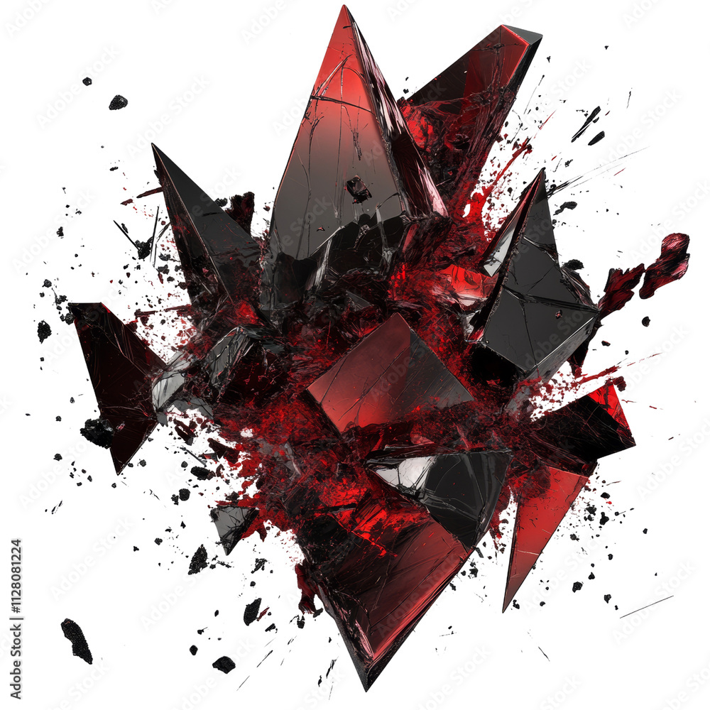 Poster Metallic Geometric Shape with Cracked Surface and Dynamic Red-Black Splashes on transparent Background