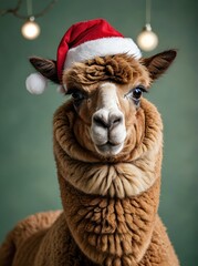 Obraz premium A brown llama wearing a santa hat sitting in front of a green background.