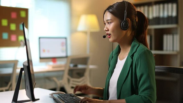 Asian telemarketer working with headset at office, engaging in customer service tasks and utilizing modern technology for effective communication.