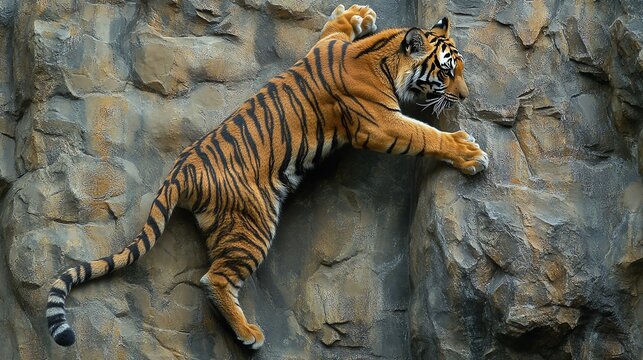 A majestic tiger climbing expertly on a rocky surface, showcasing its strength and agility in a stunning natural scene.