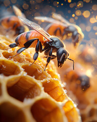 Insect activity bees harvesting honeycomb nature's workshop close-up shot vibrant environment micro viewpoint for seo impact