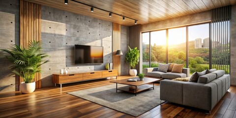 Fototapeta premium Modern Concrete & Wood Living Room Design - Urban Loft Apartment Interior