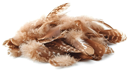 Obraz premium A soft pile of owl feathers in earthy tones on white background