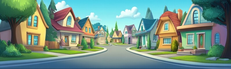 A picturesque cartoon illustration of homes and trees in a quaint community.
