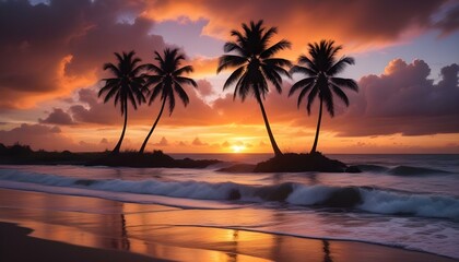 Morning Sunrise Evening Sunset Ocean Palm Coconut Tree Sunlight Peaceful Horizon Background Texture