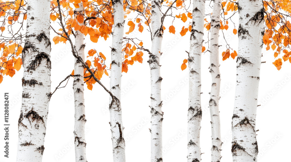 Poster autumn birch. tall trees with white bark and orange leaves on a transparent background
