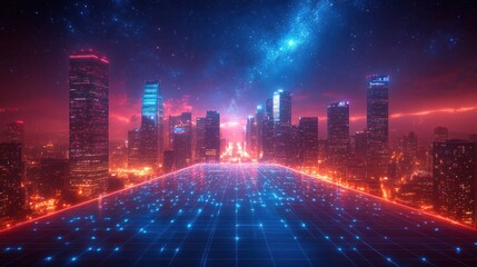 Obraz premium Futuristic cityscape at night with glowing road and galaxy.