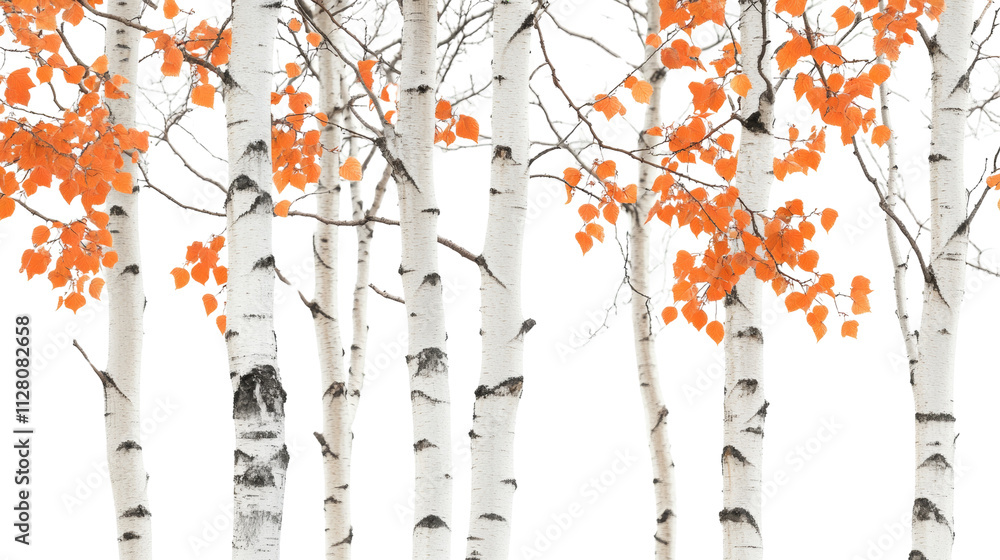 Poster autumn birch. tall trees with white bark and orange leaves on a transparent background