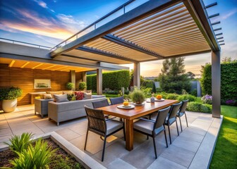 Fototapeta premium Modern Patio Design: Pergola, Awning, Roof, Grill & Furniture - Outdoor Living Space Ideas