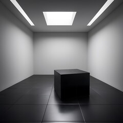 Obraz premium Minimalist Futuristic Interior with Glossy Black Cube and Diffused Ceiling Light in Geometric Space