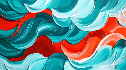 A vivid mix of bold teal waves and bright red accents forming a lively and energetic abstract background