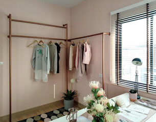 A light pink room, likely a dressing room or small boutique, features a copper-colored pipe clothing rack.