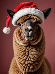 Fototapeta premium A llama wearing a santa hat on a red background.