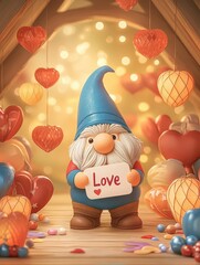 A single Valentine's gnome holding a "Love You" sign, surrounded by magical floating lanterns in a twilight setting, charming and romantic 3D cartoon artwork