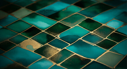 Bauhaus-inspired watercolor with emerald green and gold geometric patterns
