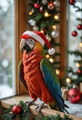 Fototapeta premium A parrot wearing a santa hat sitting on a window sill.