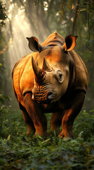 Obraz premium Majestic rhino in sunlit forest, powerful, strong, wild animal.
