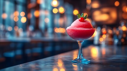 Watermelon Slush is a vibrant, refreshing beverage served in a stylish glass, topped with a cherry and mint, perfect for summer gatherings or festive occasions.