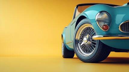 Teal classic car close-up, yellow background.