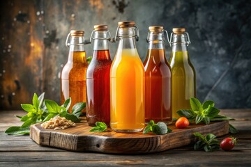Grey background highlights handcrafted kombucha bottles nestled on a rustic wooden board; deep depth of field.