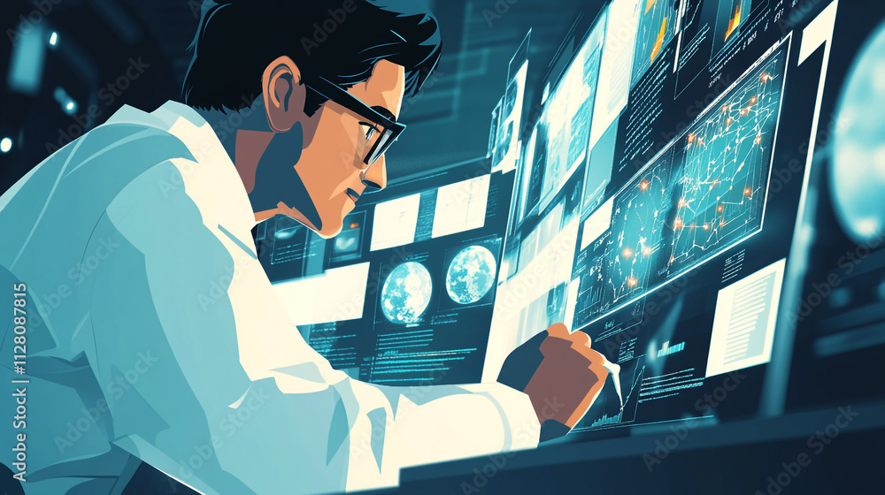 Aufkleber scientist analyzing data on high-tech monitors in a laboratory setting during night time
