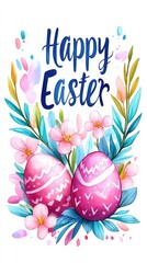 Colorful easter egg design with pink flowers and green leaves. Happy Easter