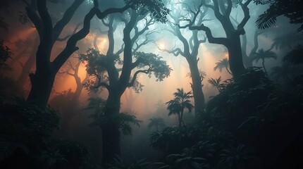 A mystical, foggy jungle with towering trees and dense foliage, surrounded by soft mist, creating an ethereal atmosphere in a lush, untouched forest oasis.