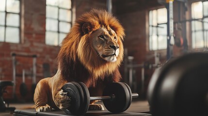 A lion working out in a gym, showcasing strength and determination against a backdrop of weights and equipment.