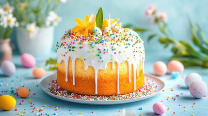 Colorful easter cake with white icing and spring decorations on blue background. Happy Easter