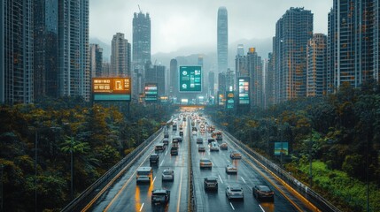 Obraz premium Rainy day traffic jam on a highway amidst towering skyscrapers.