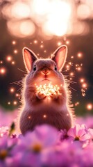 Enchanting bunny holding magical glowing lights in a floral meadow. Happy Easter