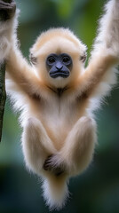 Obraz premium Adorable baby gibbon hanging from a tree branch, looking directly at the camera.