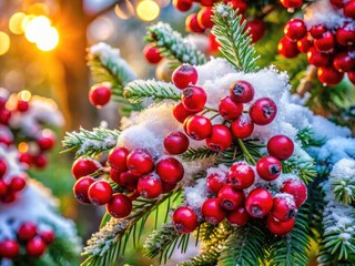 Snowy Christmas Tree, Red Berries, Winter Wonderland - Festive Holiday Photo