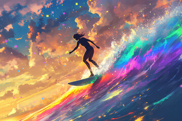 Naklejka premium a person playing surf in the rainbow sea