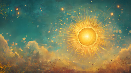 Artistic depiction of the solstice sun as a giant golden wheel in the sky. Solstice. Illustration