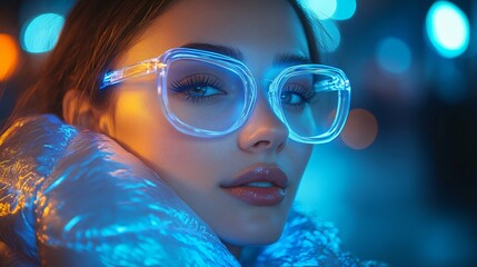 A futuristic woman in an iridescent puffer jacket posed confidently, ideal for fashion ads, tech events, or sci-fi themed promotions.