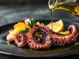 A beautifully plated octopus dish drizzled with olive oil and garnished with lemon and parsley.