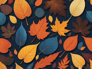 Seamless Autumn Leaves Pattern with Vibrant Colors on Dark Blue Background &ndash; Detailed Digital Illustration Capturing the Essence of Fall